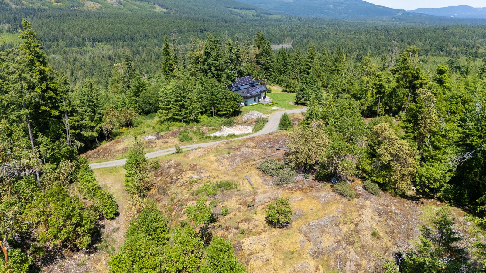 Aerial view showing property approach and privacy buffer